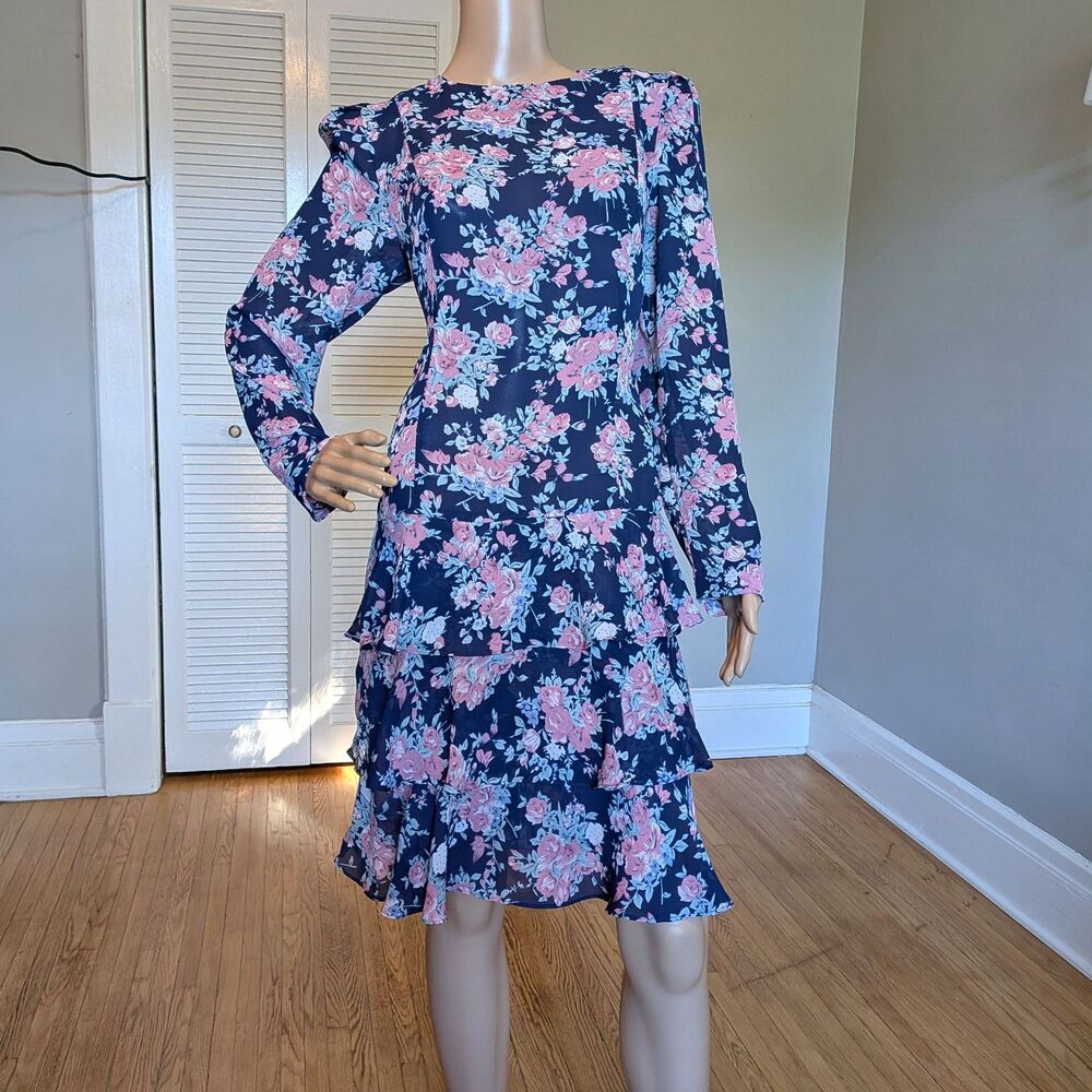 Vintage 90s Leslie Fay Floral Midi Dress Drop Waist Ruffle Whimsigoth 12